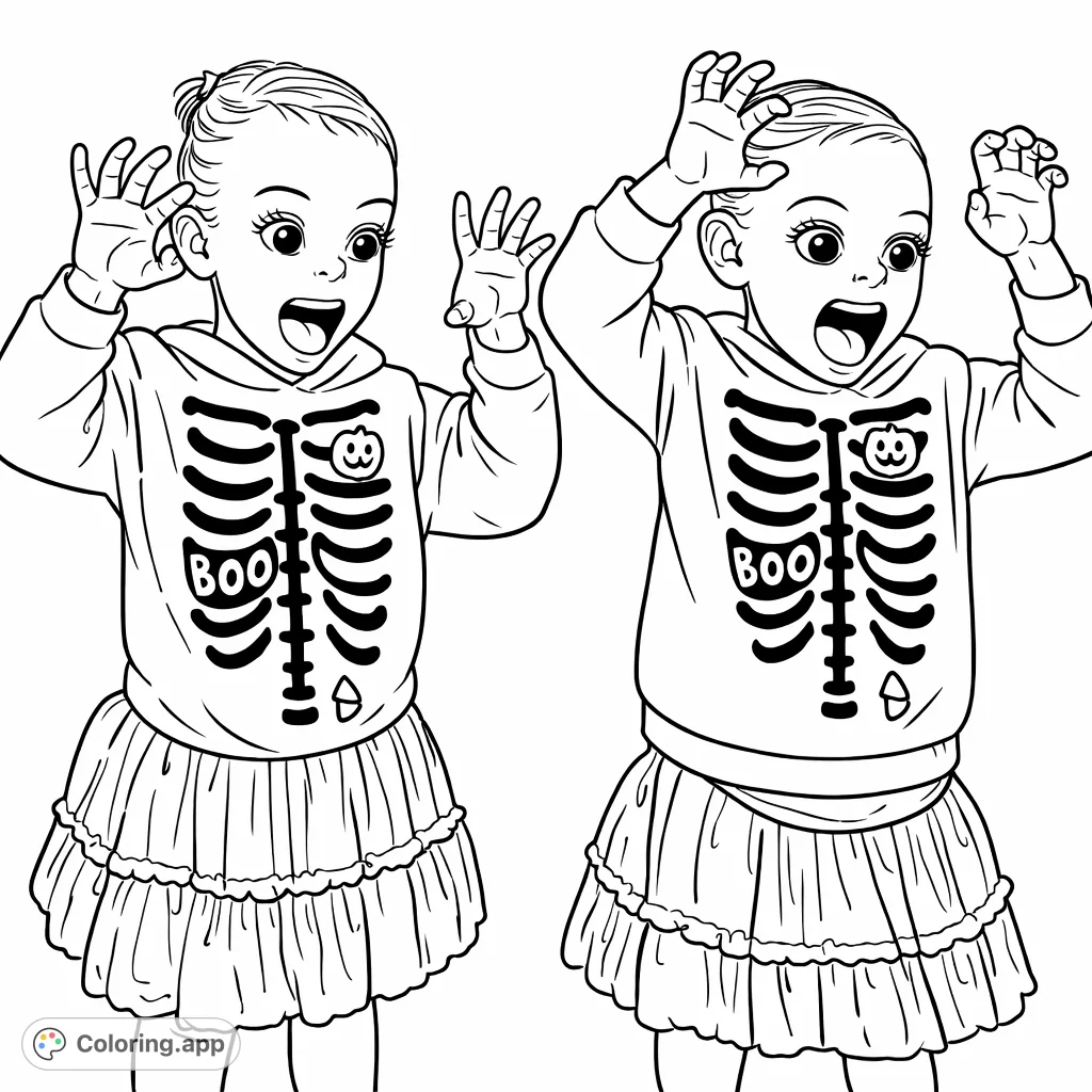 Two identical children pose playfully in skeleton-themed outfits, complete with rib cage designs, pumpkins, and candy shapes. Perfect for spooky, cartoony fun!