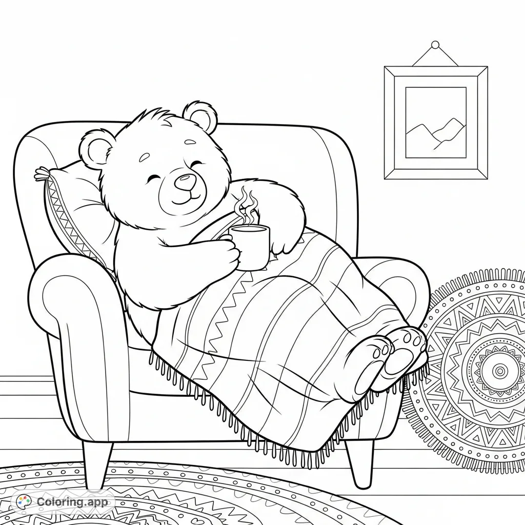 A heartwarming chubby animal relaxing in a cozy home setting, perfect for a peaceful coloring experience. Enjoy this charming free printable coloring page.
