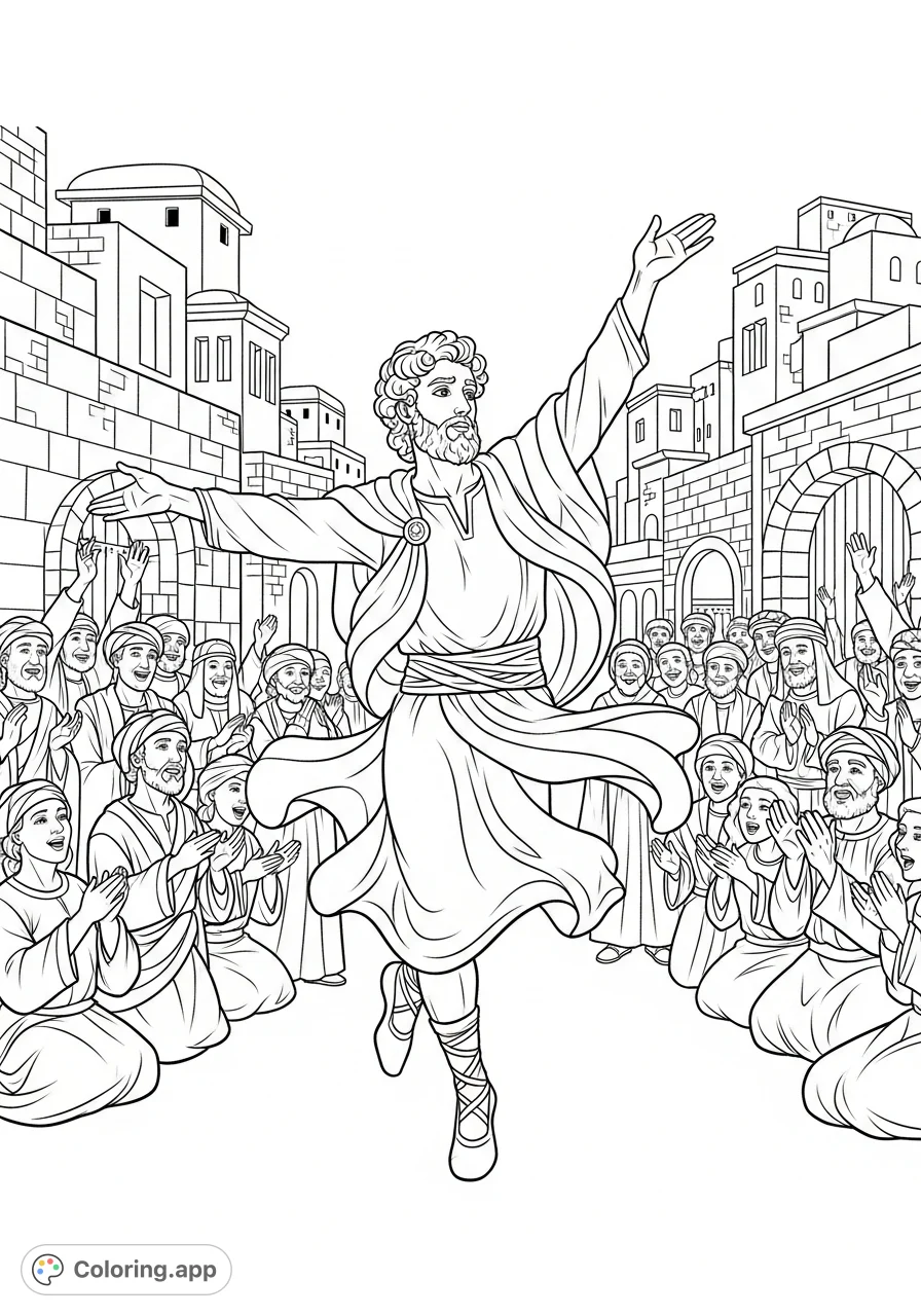 Experience the joy of King David dancing before a cheering crowd. This intricate coloring page captures a moment of vibrant celebration in an ancient city.