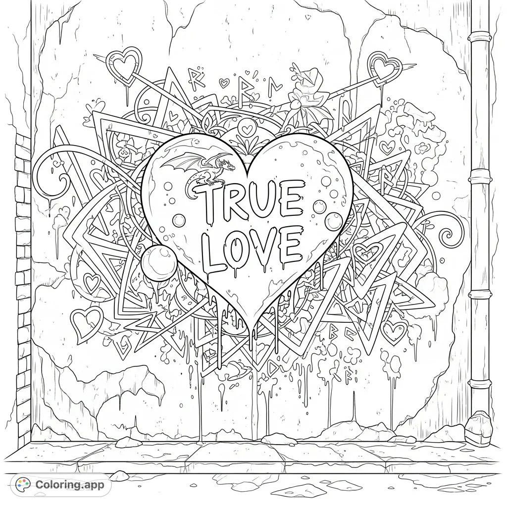 Discover a dynamic graffiti heart declaring 'True Love' amidst intricate street art on a textured alleyway wall, perfect for urban art enthusiasts.