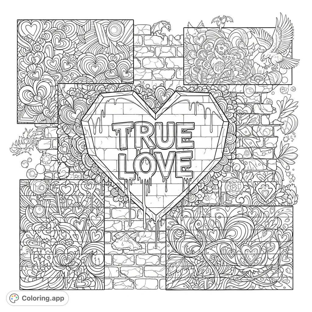 An intricate street art coloring page featuring a weathered brick wall adorned with a monumental 'True Love' heart, swirling lines, and dynamic paint splatters.