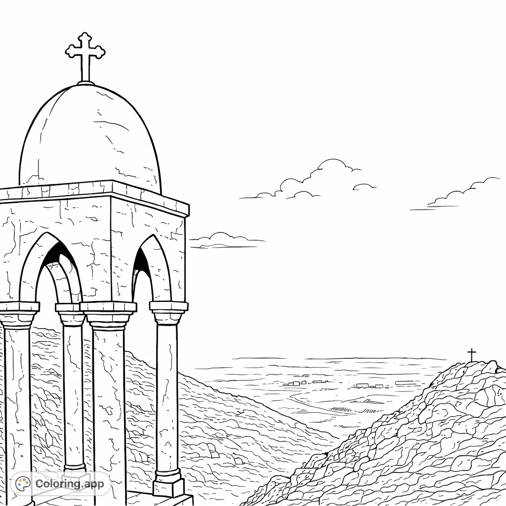 Color an ancient stone shrine perched on a mountain, overlooking a vast, misty valley. A serene landscape awaits your creative touch.