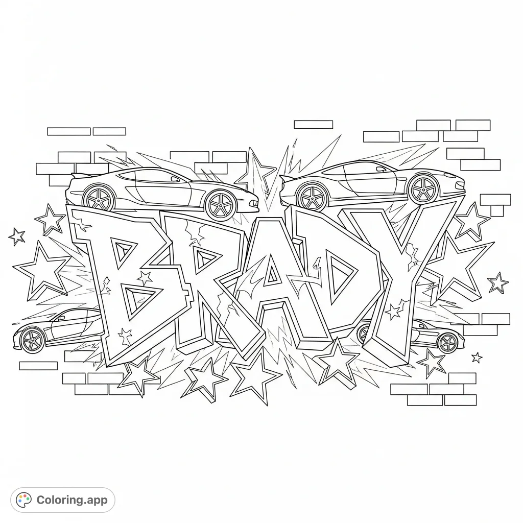 Unleash your creativity with this custom "Brady" graffiti coloring page, featuring dynamic lettering, stars, and stylized cars against an urban backdrop.