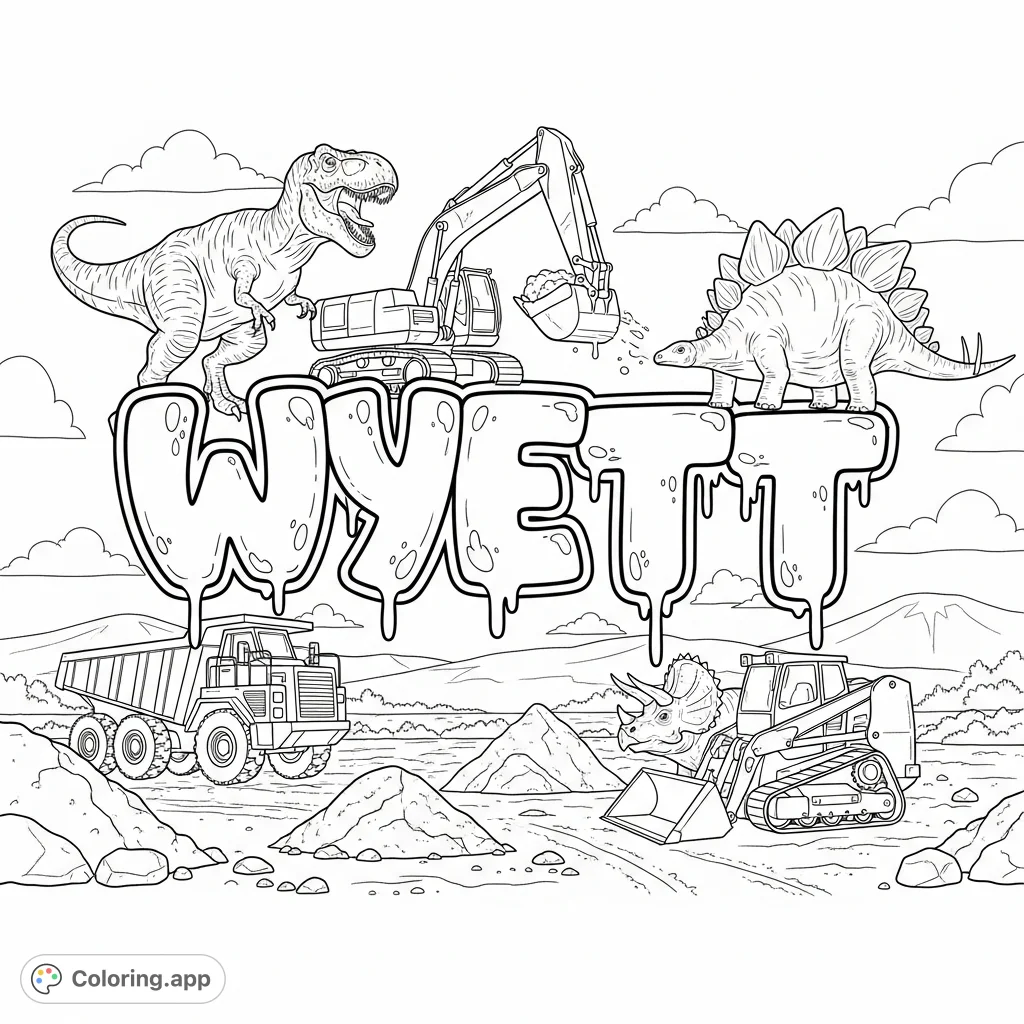 A dynamic coloring page featuring the name Wyett in bold graffiti, surrounded by powerful dinosaurs and busy construction vehicles in a rugged landscape.