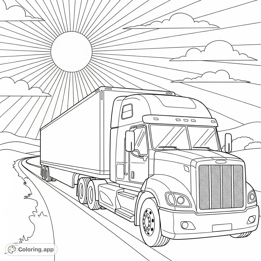 A fun, simple coloring page featuring a large semi-truck with its trailer driving down a sunny road, perfect for young children to color and enjoy.