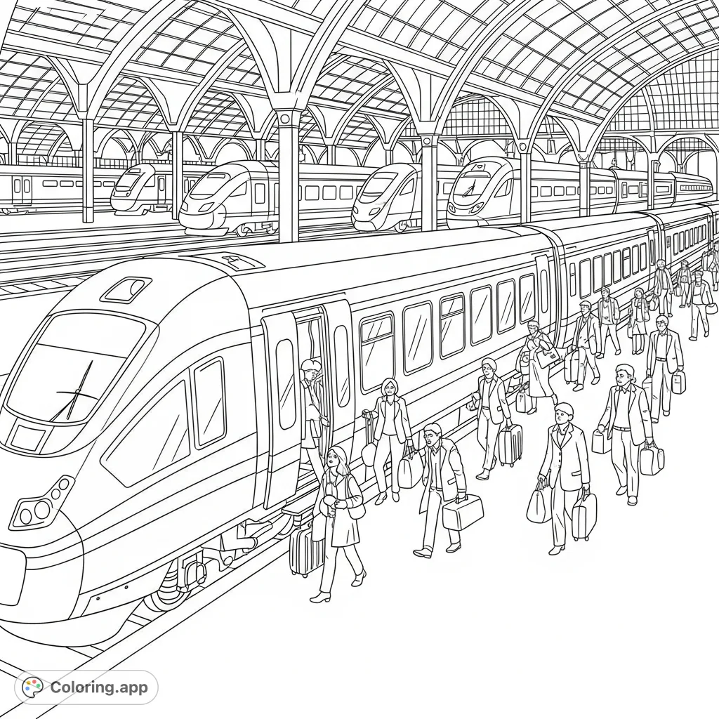 Experience the vibrant activity of a grand modern train station with sleek passenger trains, detailed architecture, and bustling travelers.