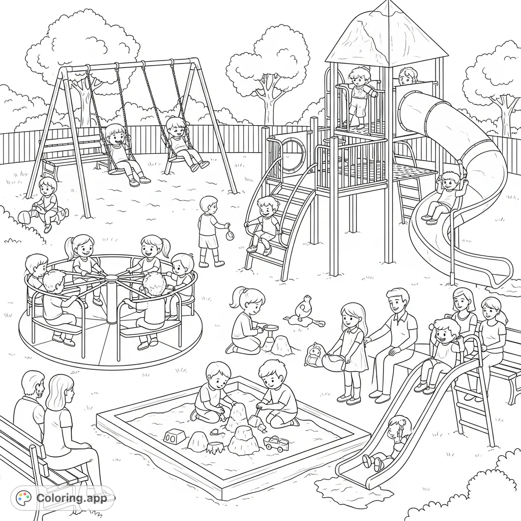 Explore a lively playground coloring page, featuring kids on swings, slides, merry-go-rounds, and a sandbox, with adults watching over them.