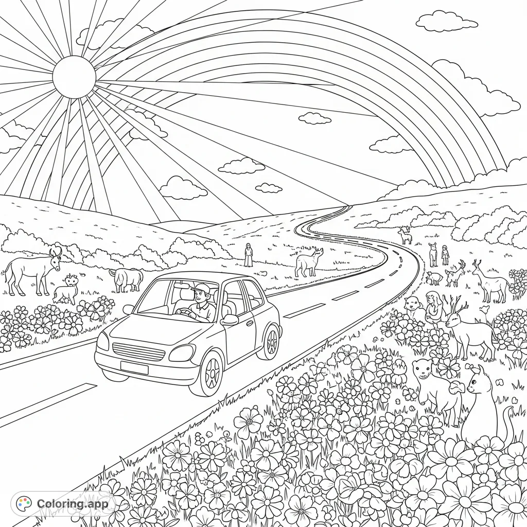 Embark on a scenic journey with a car, driver, rainbow, sun, blooming flowers, diverse animals, and strolling people along a winding road. A delightful nature scene!