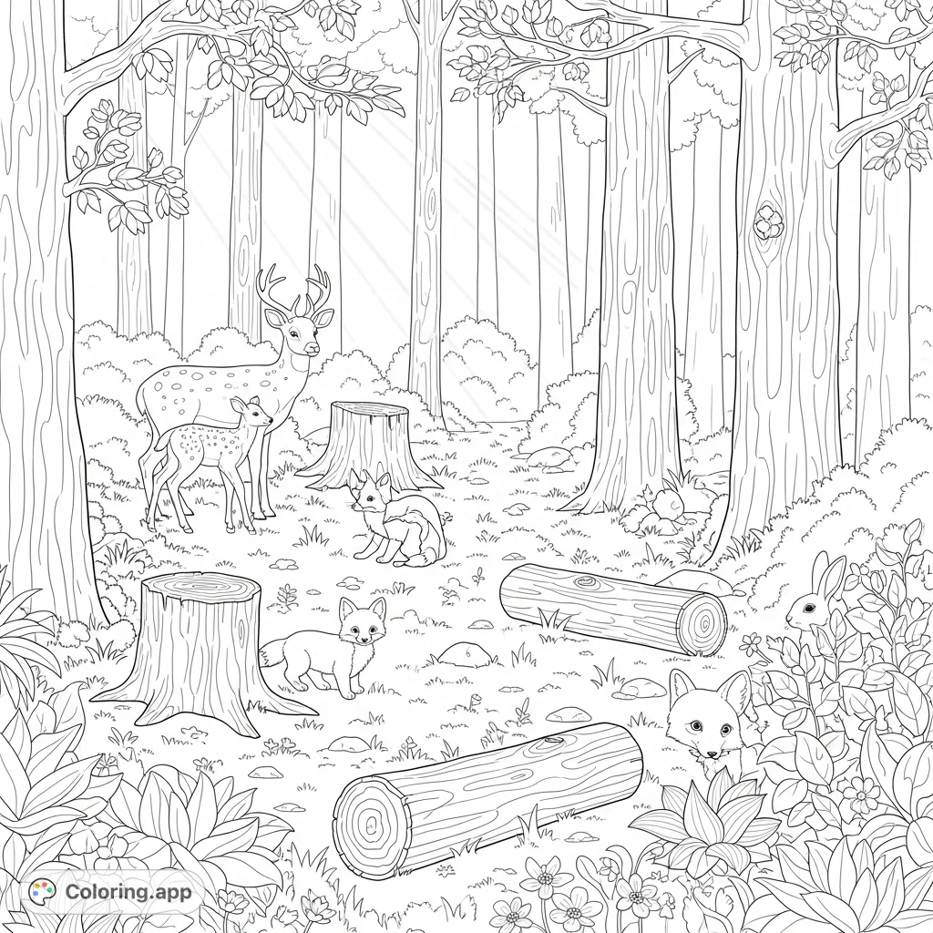 Explore a peaceful spring forest scene, bustling with deer, fox cubs, and rabbits amidst fresh foliage and dappled sunlight. A delightful nature coloring page.