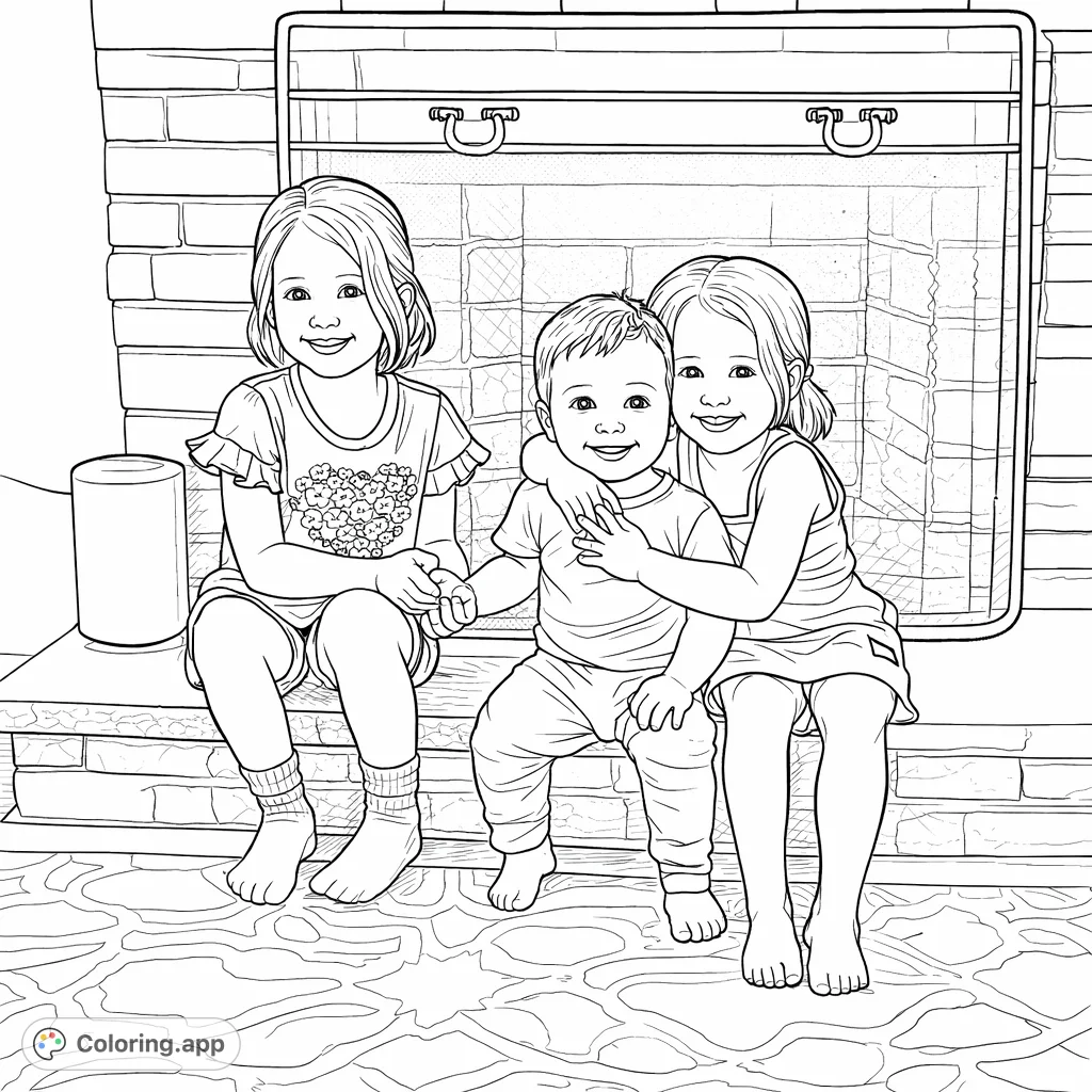 A heartwarming scene of three happy children sitting together by a fireplace, perfect for adding your personal touch and bringing their joyful expressions to life.