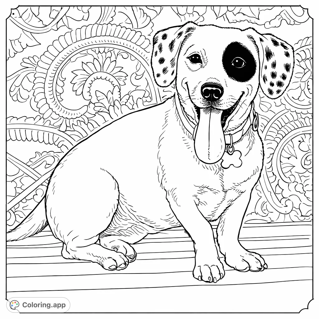 A charming spotted dog sits on an ornate park bench, ready for your creative touch. A delightful dog coloring page for kids and adults!