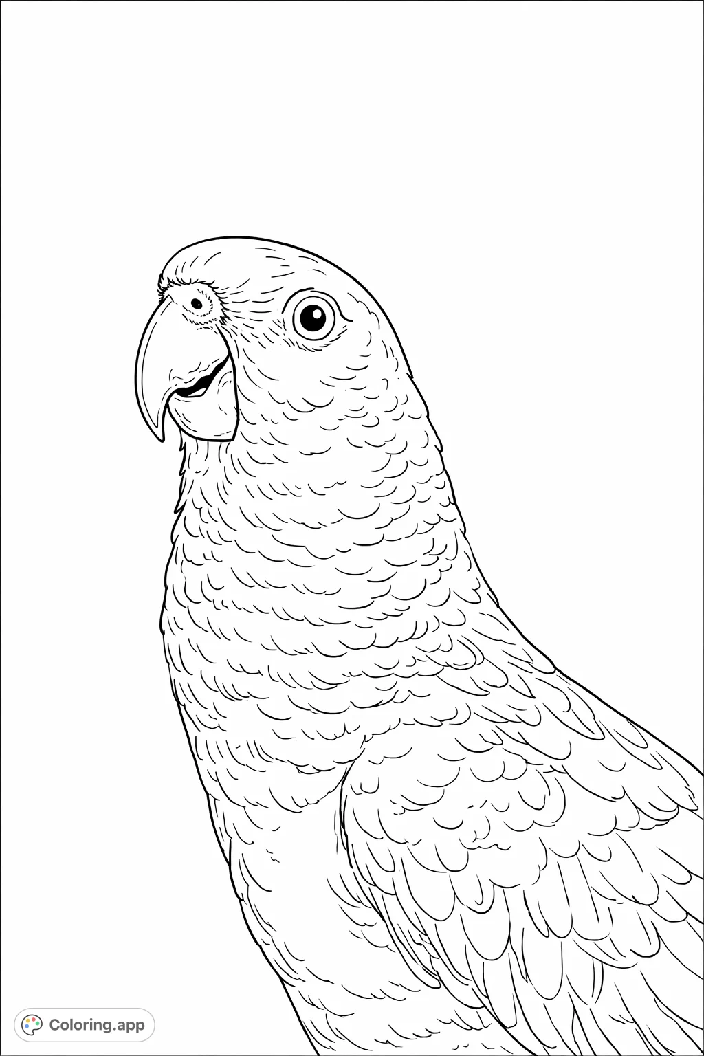 A captivating parrot portrait coloring page, showcasing intricate feather textures and an expressive eye. Perfect for animal lovers to bring to life with vibrant shades.