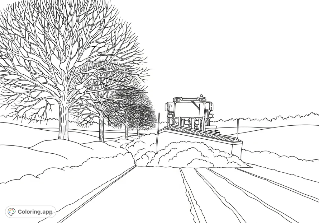 A powerful snowplow clears a snowy road, flanked by bare trees and winter drifts. A challenging and satisfying winter scene coloring page for all.