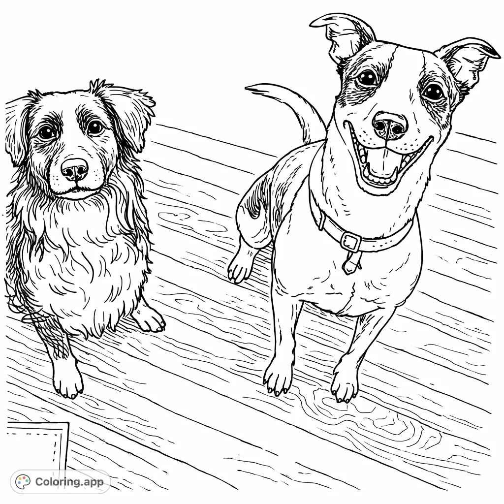 A heartwarming scene featuring two adorable dogs, one joyful and one attentive, waiting for your creative touch. Perfect for dog lovers of all ages.