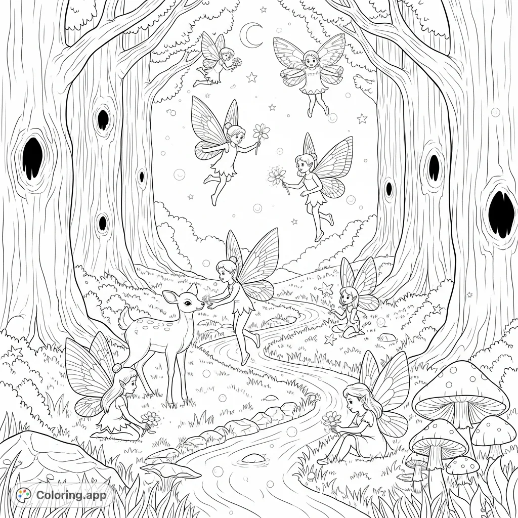 An enchanting forest glade coloring page with dancing fairies, a friendly fawn, glowing flora, and fireflies. A magical scene awaits your artistic touch.