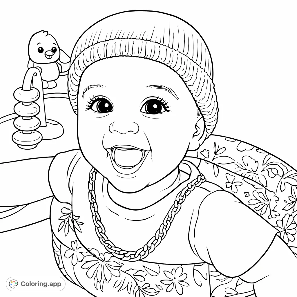A delightful baby with a wide smile, wearing a knitted hat and necklace, seated in a patterned activity walker. A sweet and engaging scene for all ages.