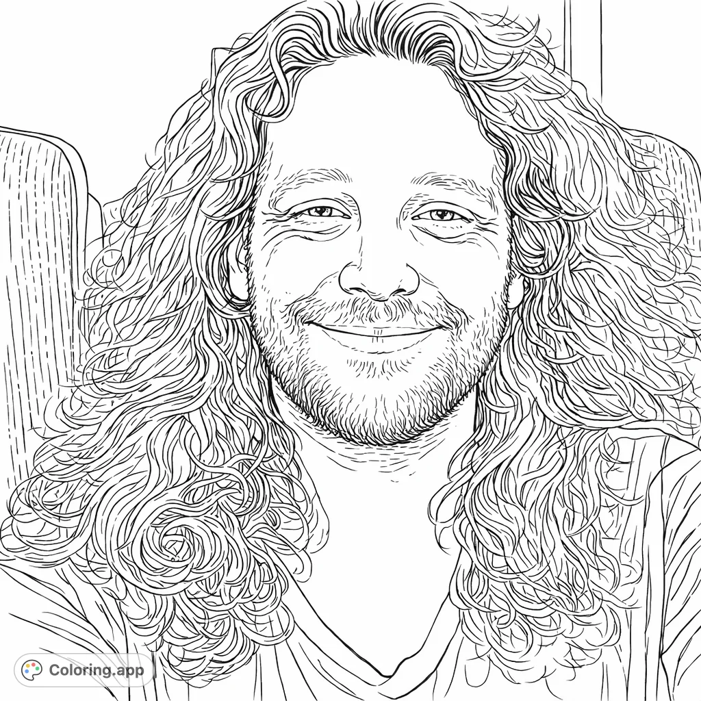 Capture a friendly face with this detailed portrait coloring page featuring a smiling man with long, wavy hair and a full beard. Perfect for all ages!