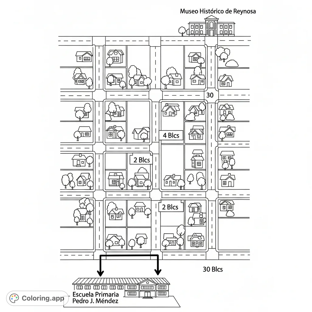 Explore an urban journey in this detailed CASAS 3D coloring page. Navigate from a school to a museum through city blocks, houses, and tree-lined streets.