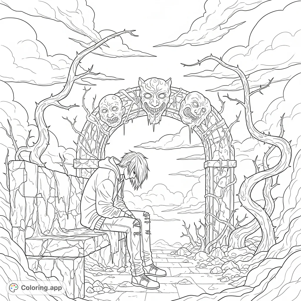 An evocative emo gothic coloring page featuring a pensive figure amidst grotesque ruins and thorny vines, perfect for expressing deep melancholy.