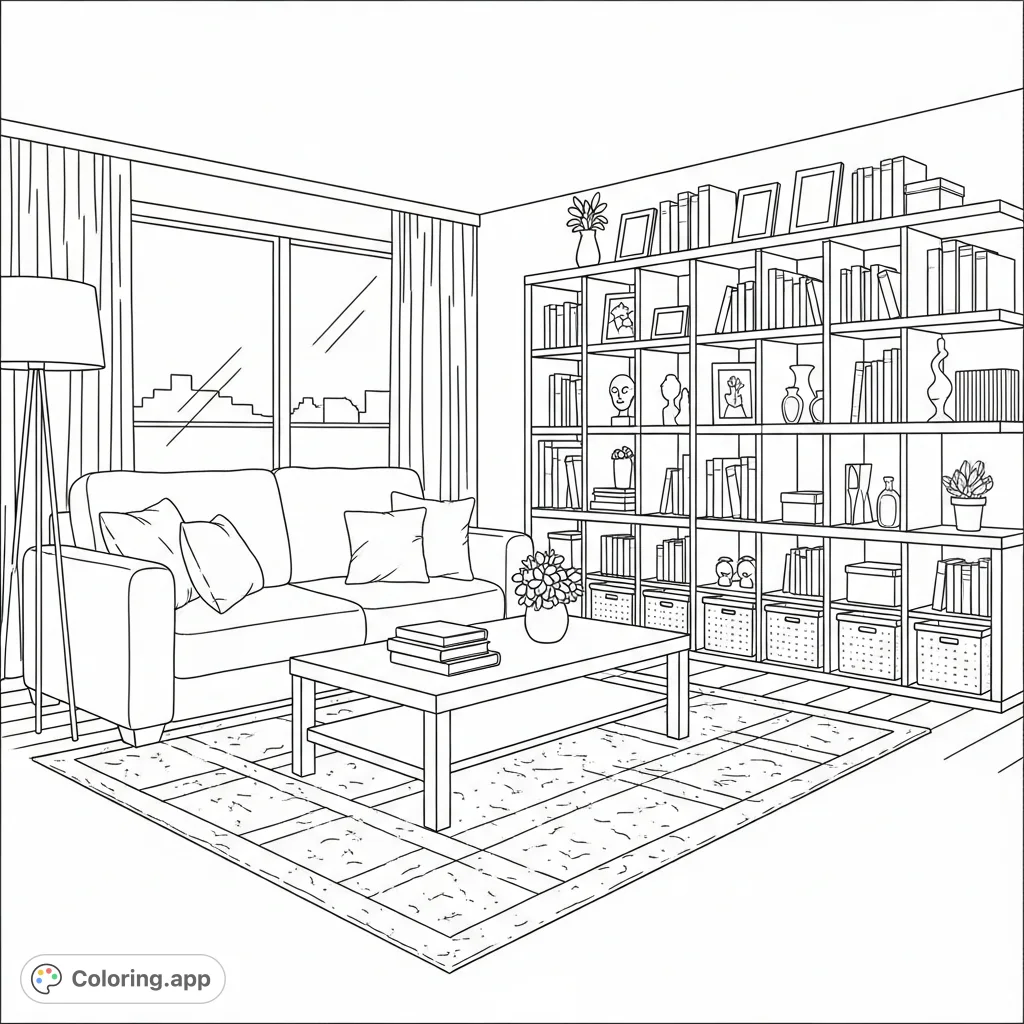 Transform chaos into calm with this tidy living room coloring page, featuring organized shelves, a plush sofa, and inviting decor elements.
