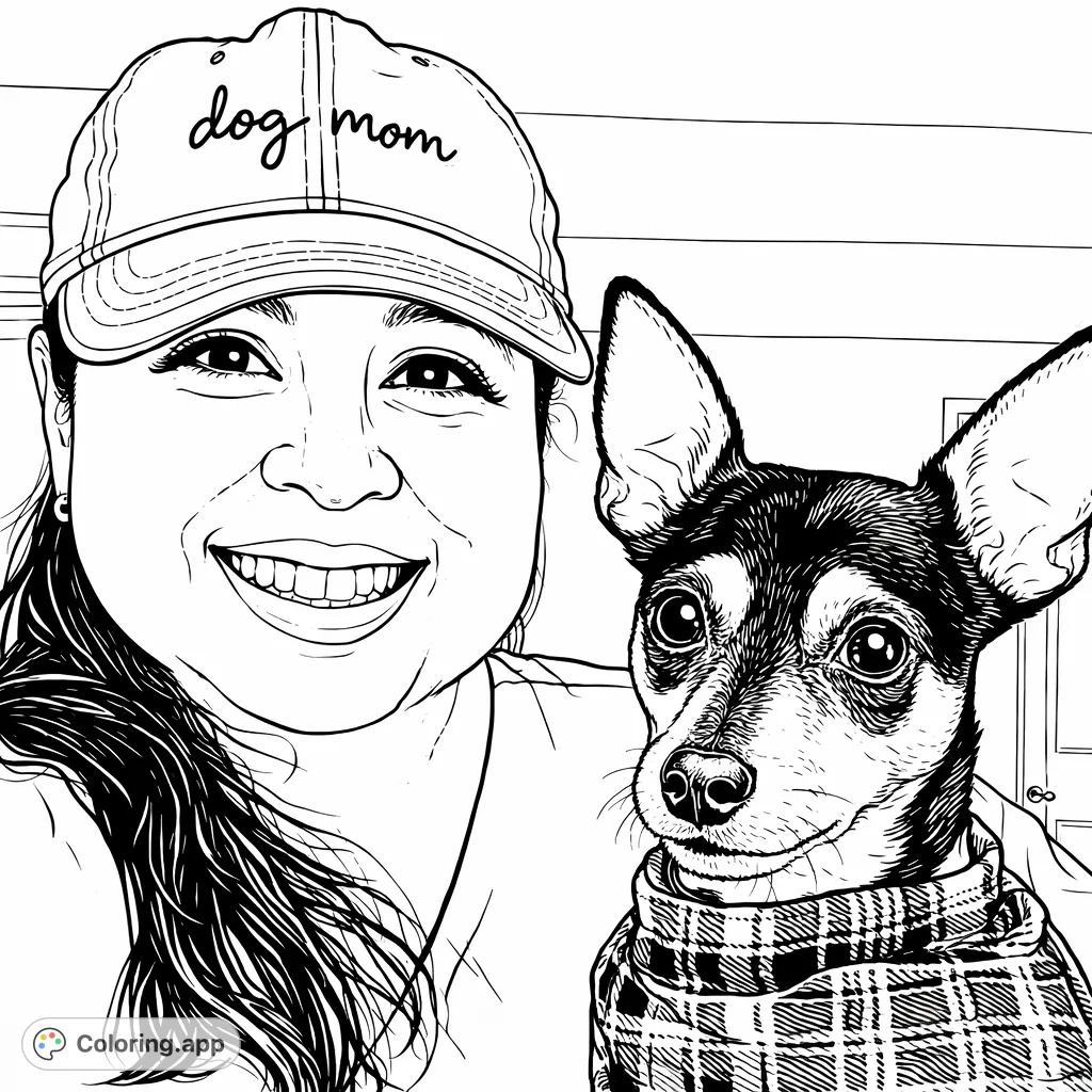A heartwarming 'dog mom' selfie featuring a smiling person and their adorable small dog wearing a plaid bandana. Perfect for pet lovers to color and cherish.