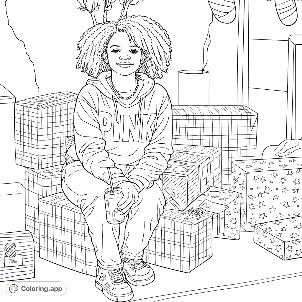 A young person sits smiling amidst a large pile of festively wrapped presents, ready for creative coloring. Features a cozy scene with holiday decorations.