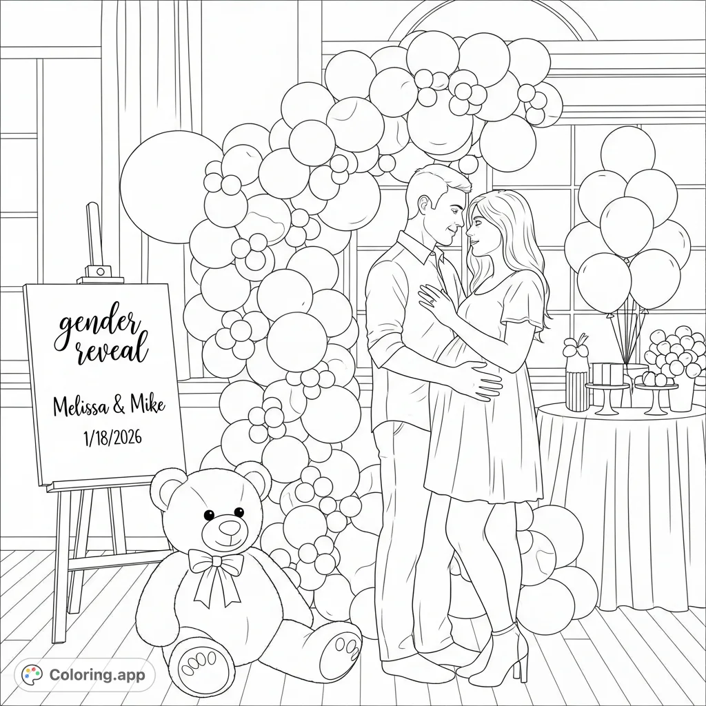 A heartwarming gender reveal scene: an embracing couple, a baby bump, a teddy bear, and a festive balloon arch. A perfect free printable for expectant parents.