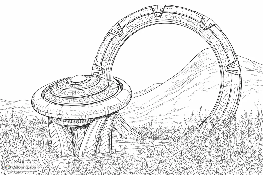 Explore a mysterious ancient sci-fi portal gate with intricate details set against a vast, arid landscape. A complex console awaits your creative touch.