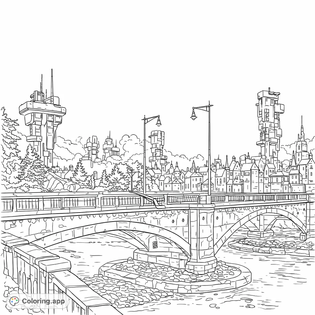 An intricate futuristic cityscape coloring page featuring a grand arched bridge spanning a wide river, leading to a skyline of diverse urban architecture under an expansive cloudy sky.