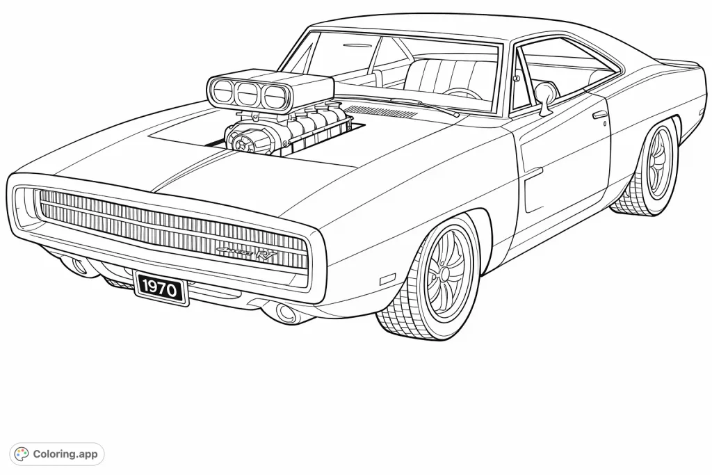 Color this iconic 1970 muscle car, complete with a powerful supercharger and intricate vintage details, perfect for automotive enthusiasts and creative minds.