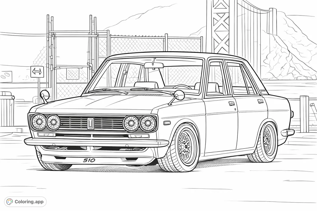 Color a detailed classic four-door sedan with its distinctive quad headlights and intricate wheels, set against a backdrop featuring a grand suspension bridge. Perfect for car enthusiasts!