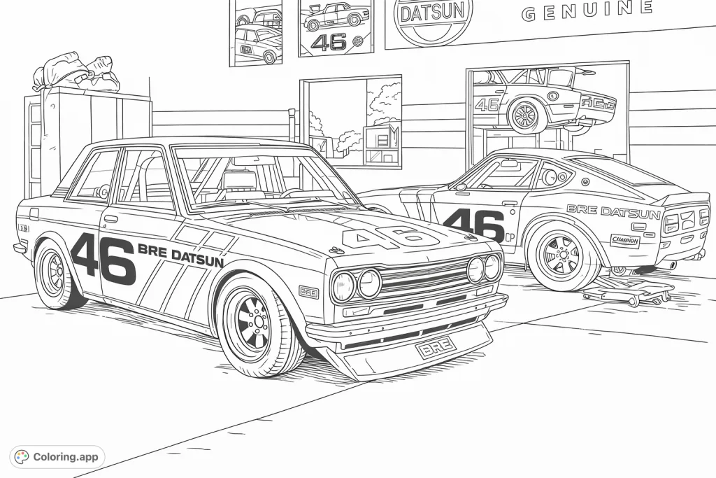 Immerse yourself in the thrill of vintage motorsports with this Datsun race car coloring page. Features classic vehicles and garage details.