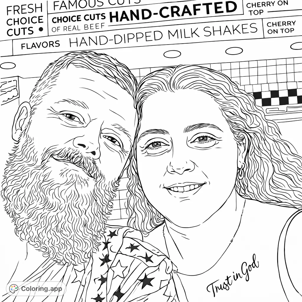 A charming coloring page featuring a smiling man and woman, ideal for personalizing their expressions, clothing details, and unique background elements.