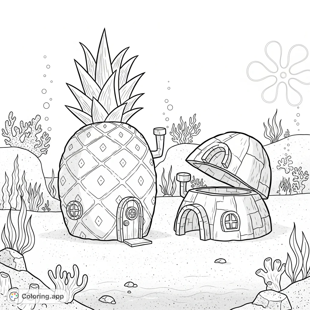 Explore Spongebob's pineapple house and Patrick's rock amidst a richly detailed Bikini Bottom seascape. A fun, free printable coloring page for fans of all ages.