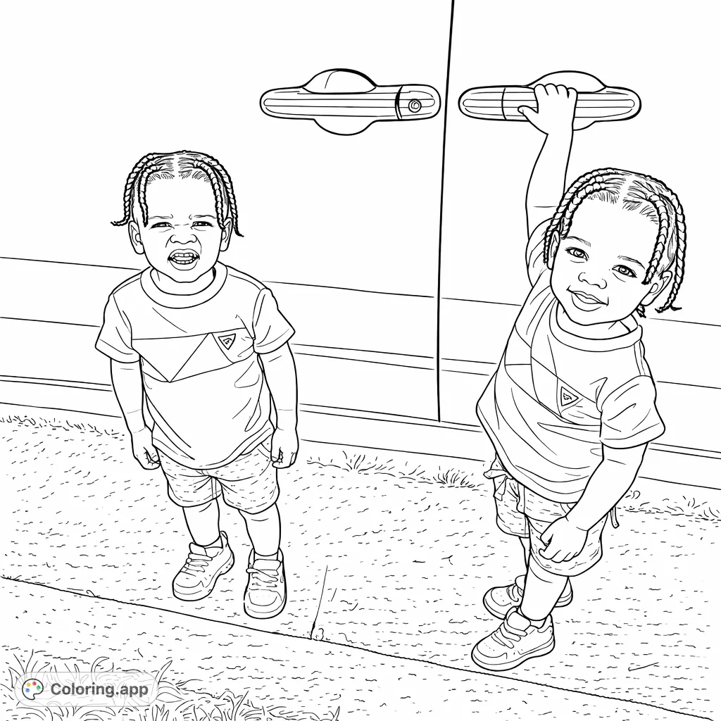 A delightful toddlers coloring page featuring two cheerful youngsters standing by a vehicle, one playfully reaching for the door. Perfect for creative kids!