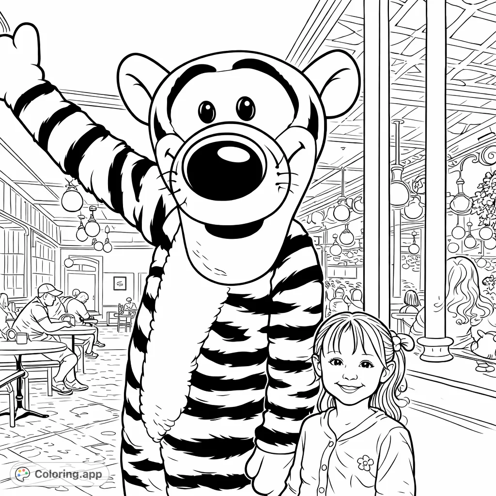 A friendly, striped character waves alongside a smiling girl in a grand hall, inviting kids to a fun coloring adventure with this vibrant character coloring page.