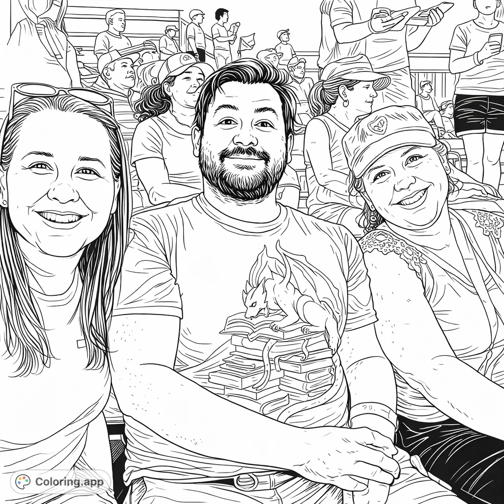 Capture a lively stadium moment with three smiling friends. A bearded man wears a unique dragon t-shirt, flanked by two cheerful women in the stands.