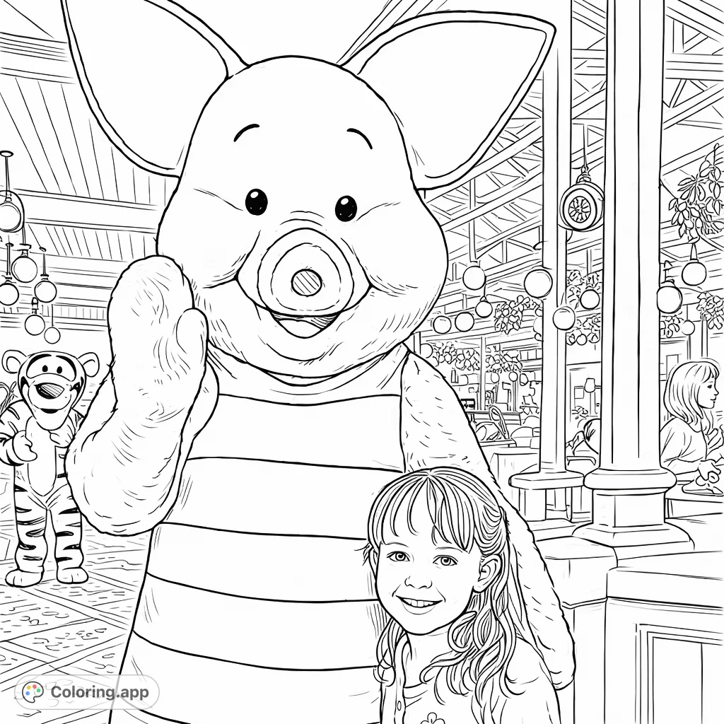Capture the heartwarming moment of a cheerful pig character embracing a smiling child. This delightful scene features a beloved striped character.