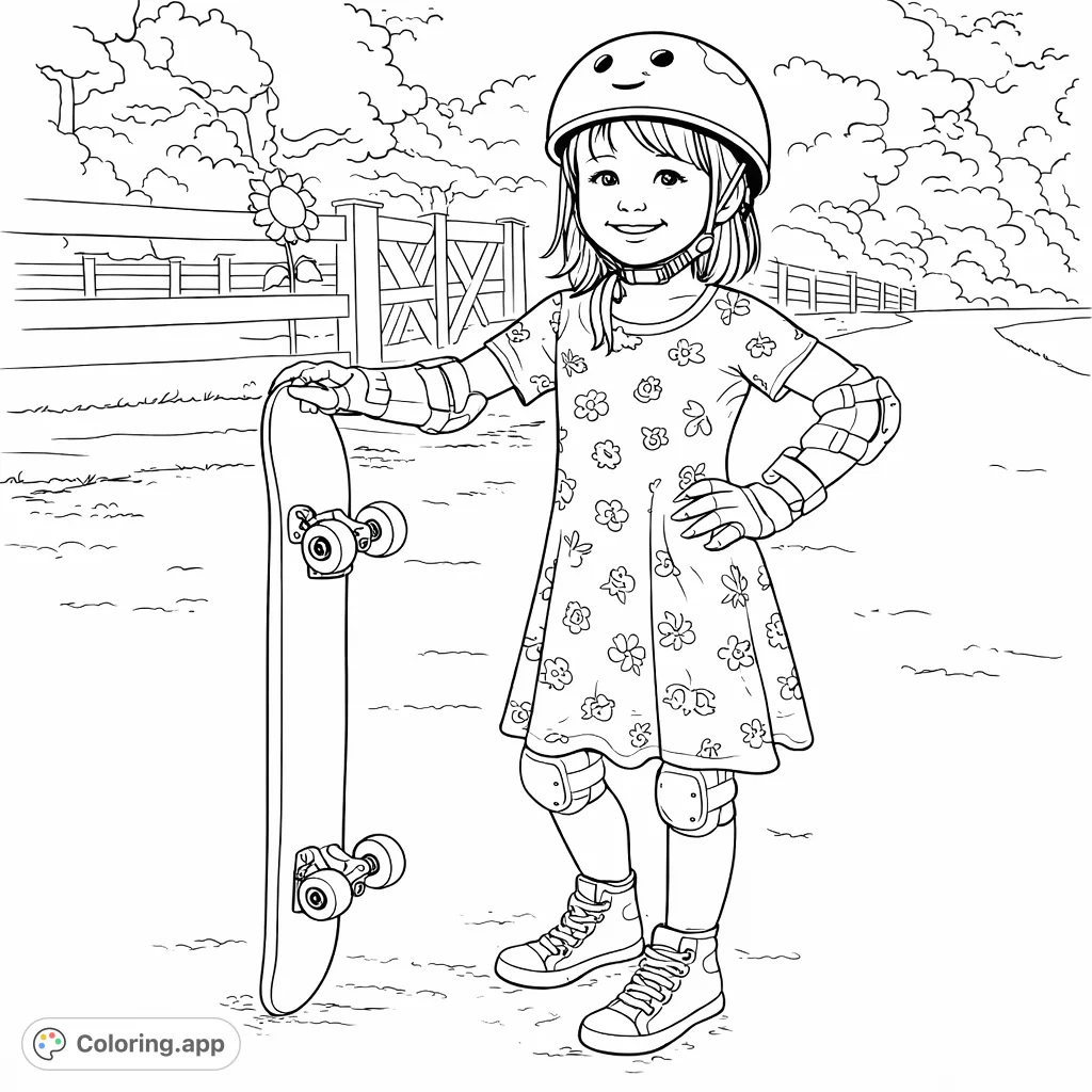 A cheerful girl in protective gear holds her skateboard, ready for adventure on a winding path. Perfect for kids who love skateboarding and active fun.