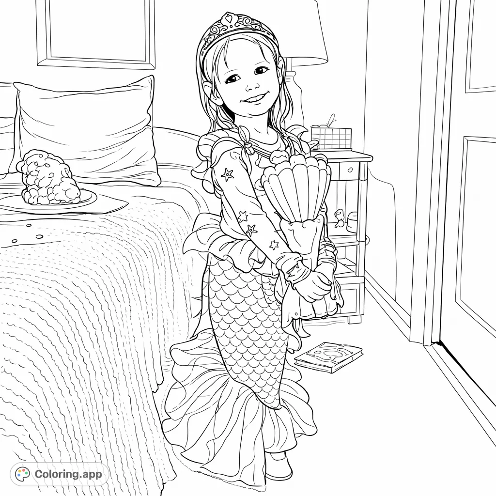 An enchanting mermaid princess coloring page featuring a young girl in a detailed costume, complete with a crown, shell top, and scaled tail.