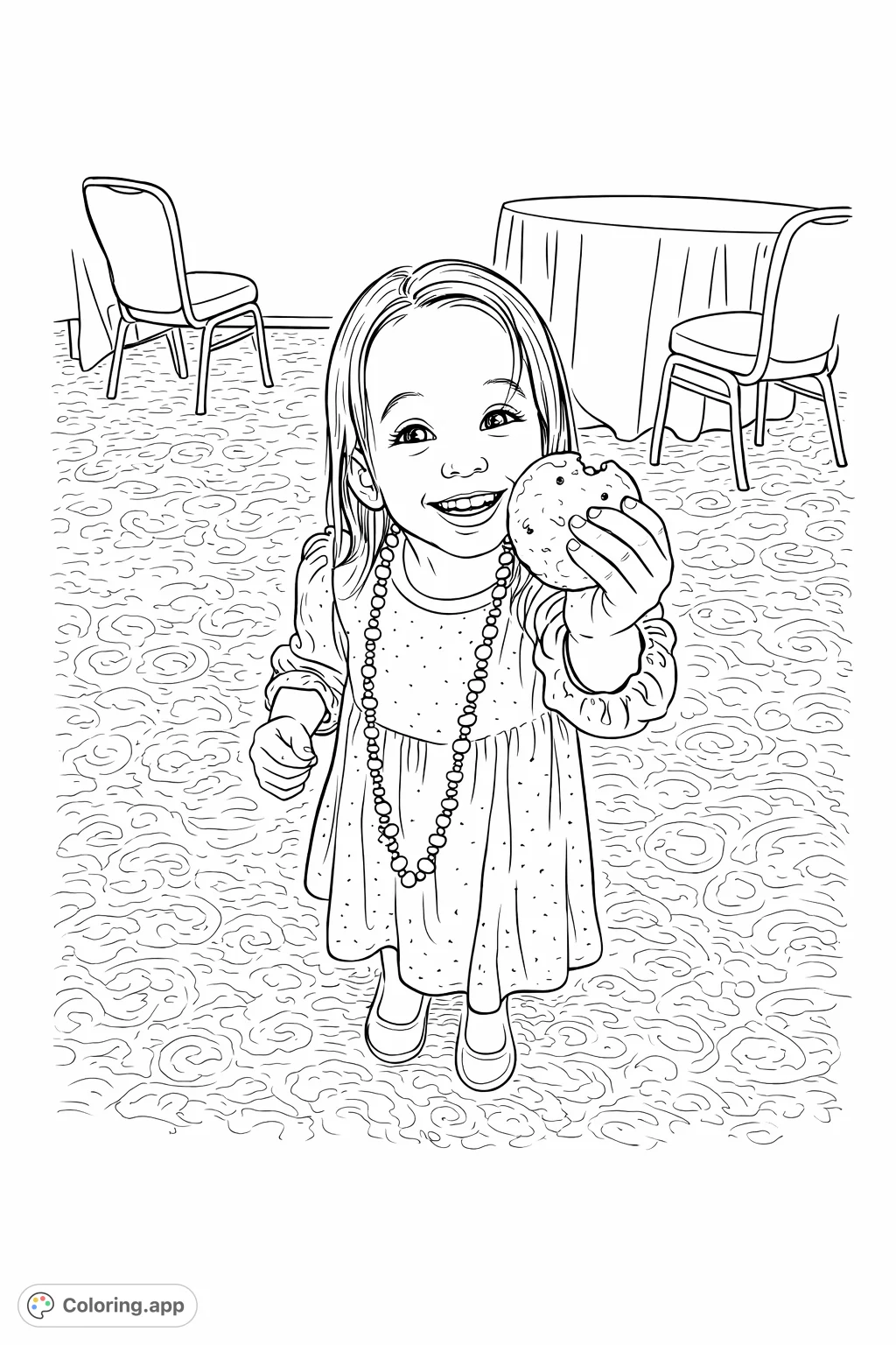 Capture a moment of pure happiness with this joyful child holding a partially eaten donut. Perfect for a kids coloring page, full of sweet charm and playful details.