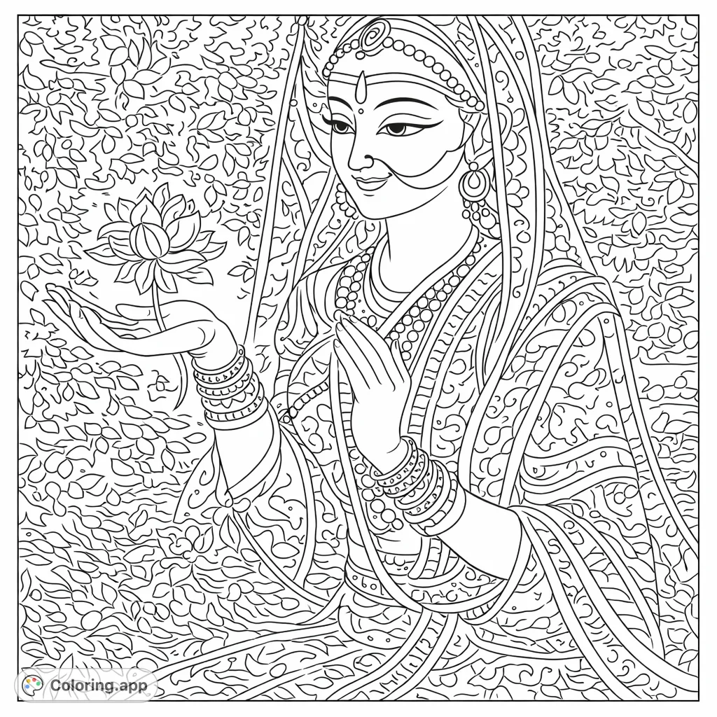 Discover a stunning mystical floral portrait coloring page. Intricate patterns and a graceful figure combine for a detailed and engaging artistic experience.