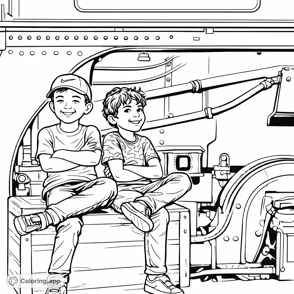 Two happy boys sit on a wooden crate in front of a grand steam train, ready for adventure. A fun and engaging train coloring page for enthusiasts.