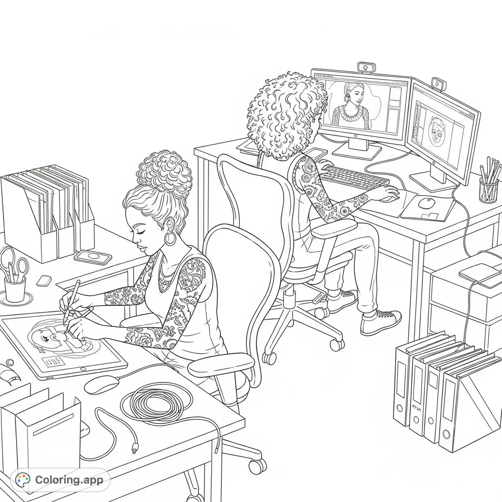 Witness two graphic designer sisters deeply engrossed in their digital art and tech-filled workspace, complete with intricate details and modern office tools.