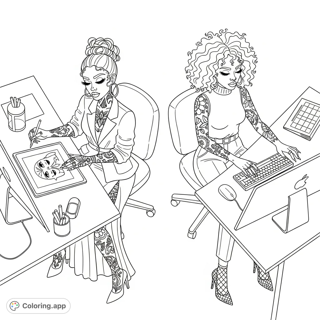 An intricate overhead view of two stylish graphic designer sisters at their workstations, showcasing detailed fashion, curly hair, and tattoos.