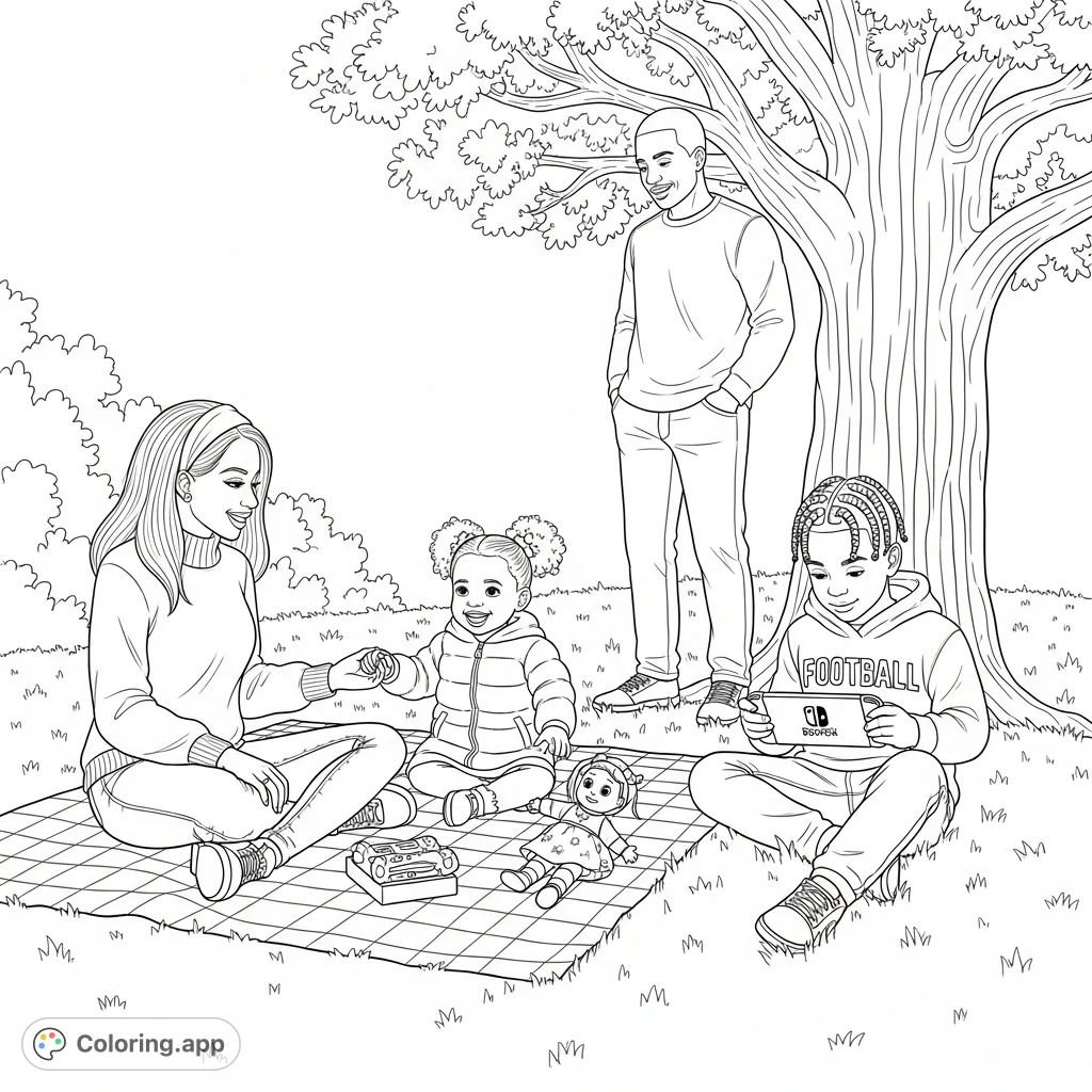 A heartwarming family park scene featuring a mom, dad, and two children enjoying an afternoon picnic and play, perfect for a relaxing coloring experience.