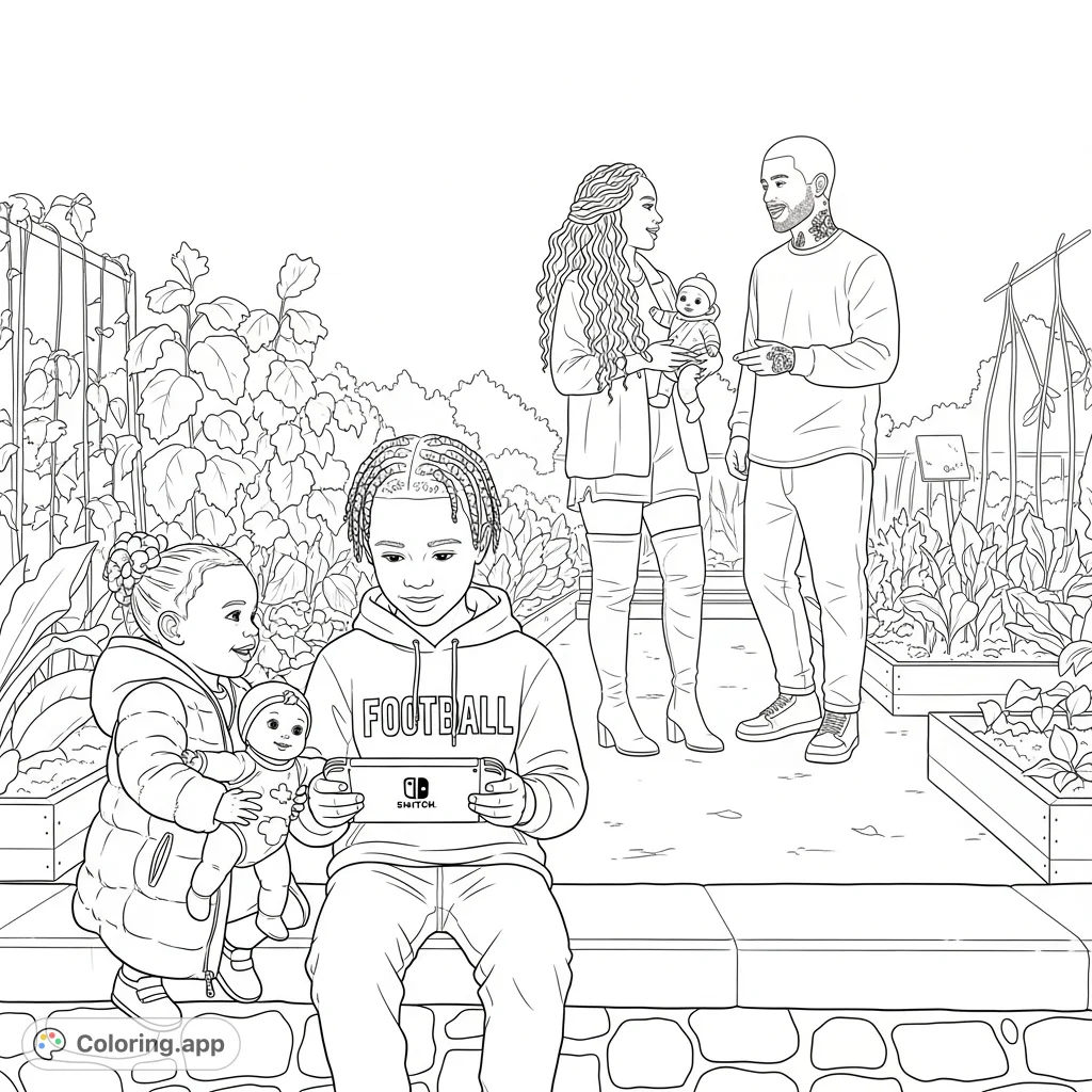 A heartwarming scene of a family enjoying a community garden. Kids play while parents chat, offering a delightful and detailed coloring experience.