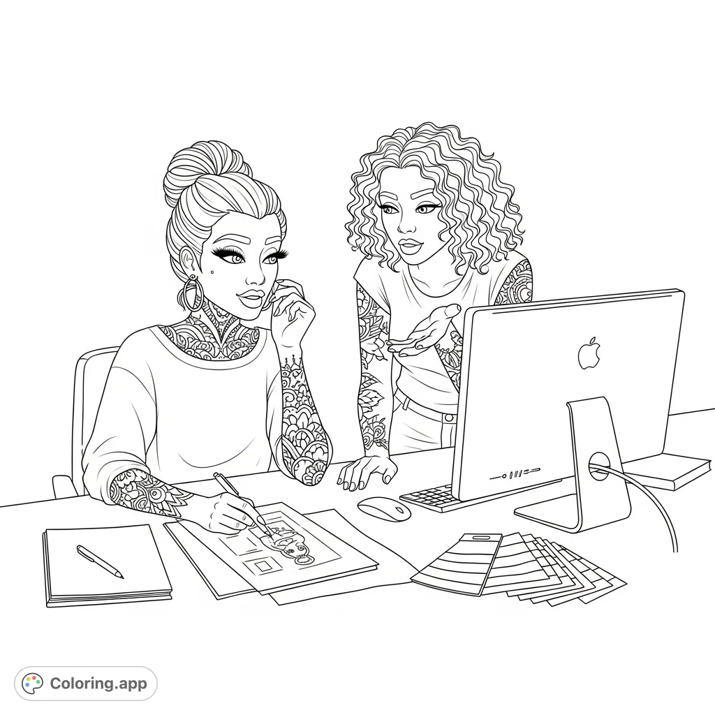Discover a detailed graphic designer sisters coloring page featuring intricate tattoos, stylish hairstyles, and a creative workspace. Perfect for adults!