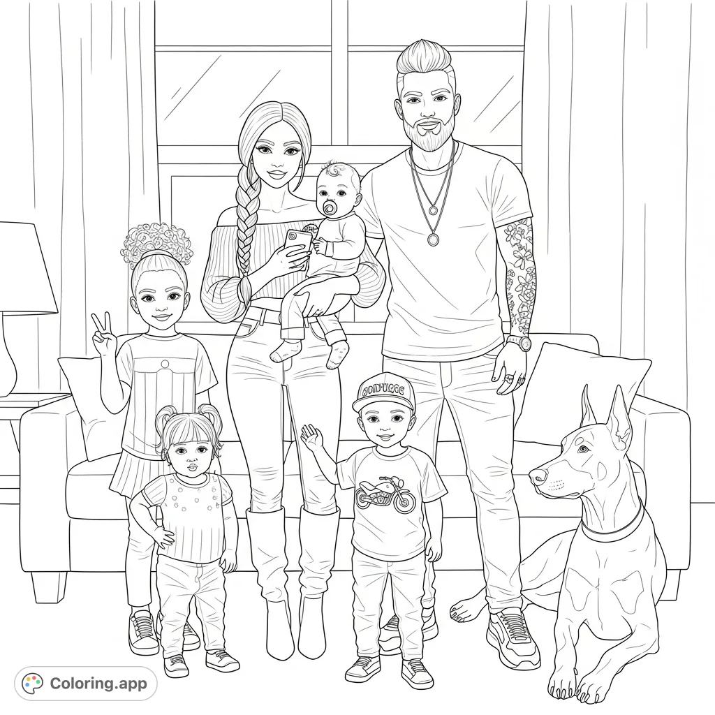 A heartwarming free printable family coloring page featuring a lively family of six and their Doberman dog in a cozy living room setting. Perfect for all ages to enjoy.