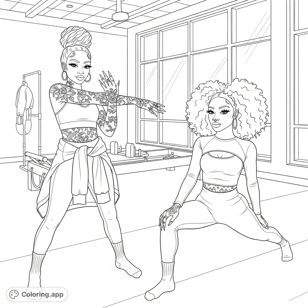 Discover a detailed Pilates studio scene featuring two African American sisters stretching post-workout, rich with texture and personal flair.